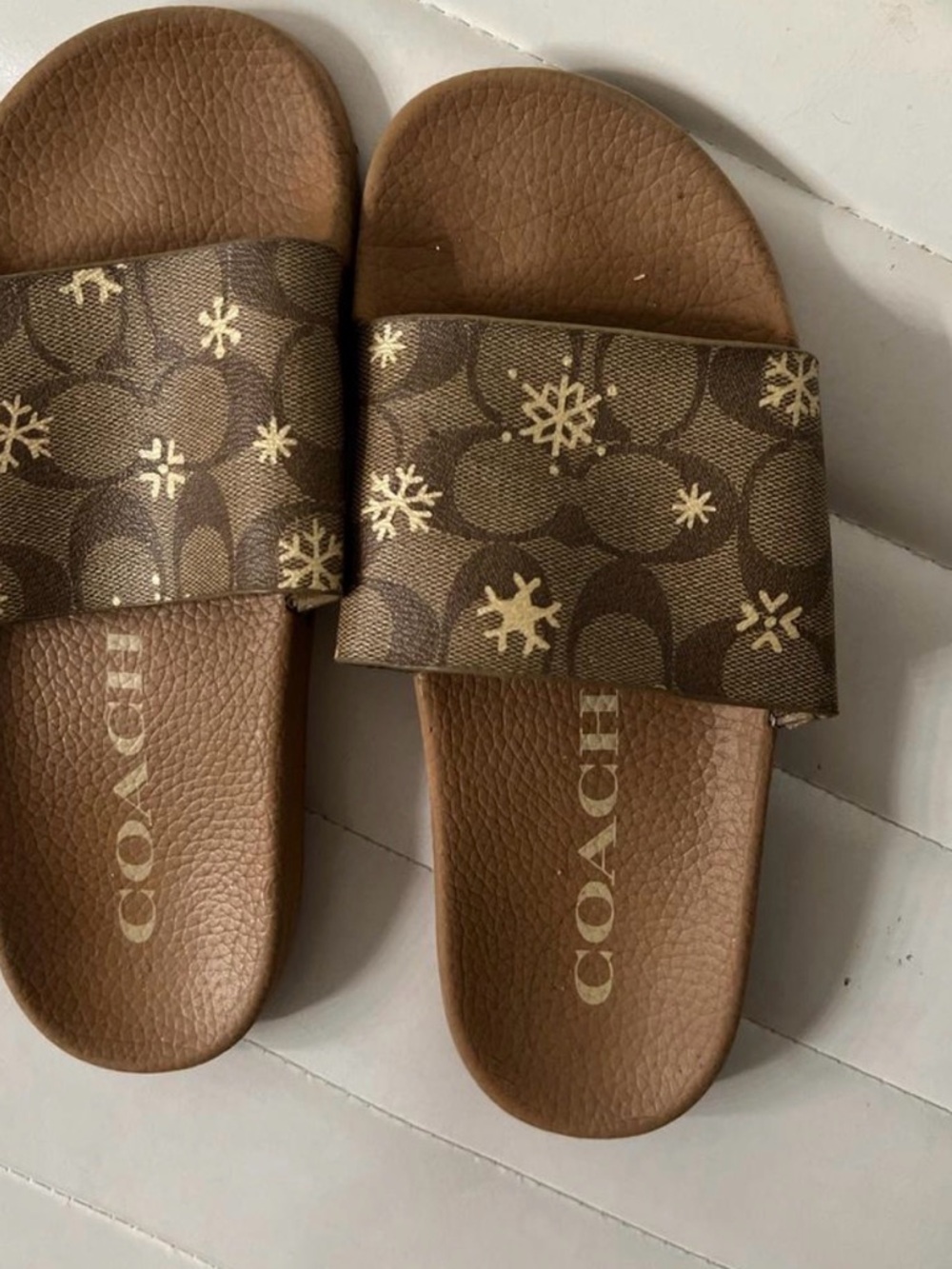 Coach Brown Monogram Slide Sandals with Cream Snowflake Print
